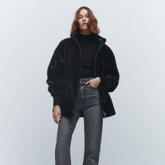 Zara Jackets & Coats Nwt Zara Faux Fur Jacket Black Ref 436940 M
